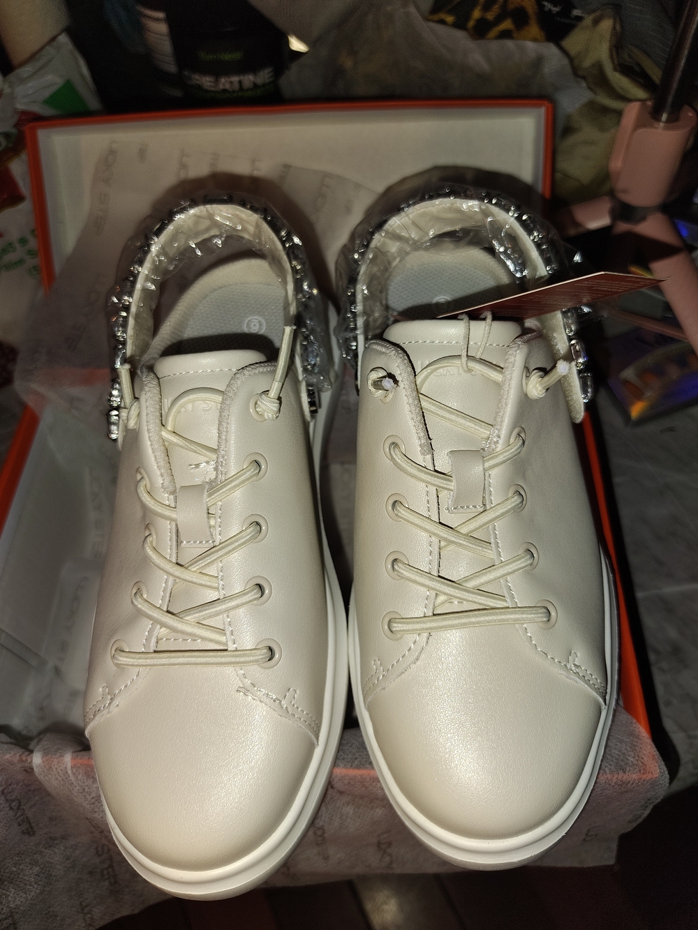 Women's Cream Lace-Up Sneakers with Crystal-Trim Collar